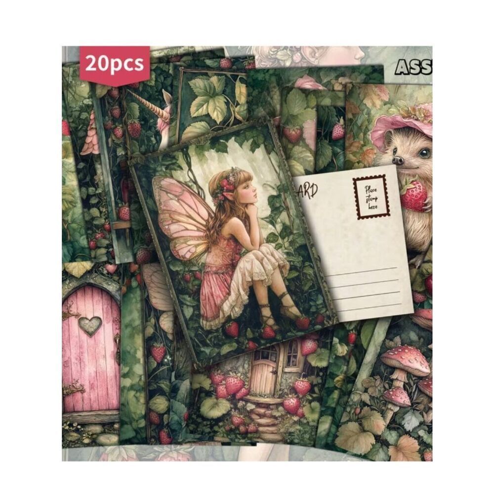 Strawberry Forest Fairies & Animals Illustrations Postcards Retro Junk Journal